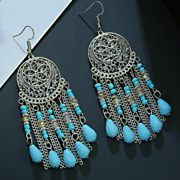 Jewelry Dangle Earrings Faux Turquoise Beads Etched Silver Tone Gypsy